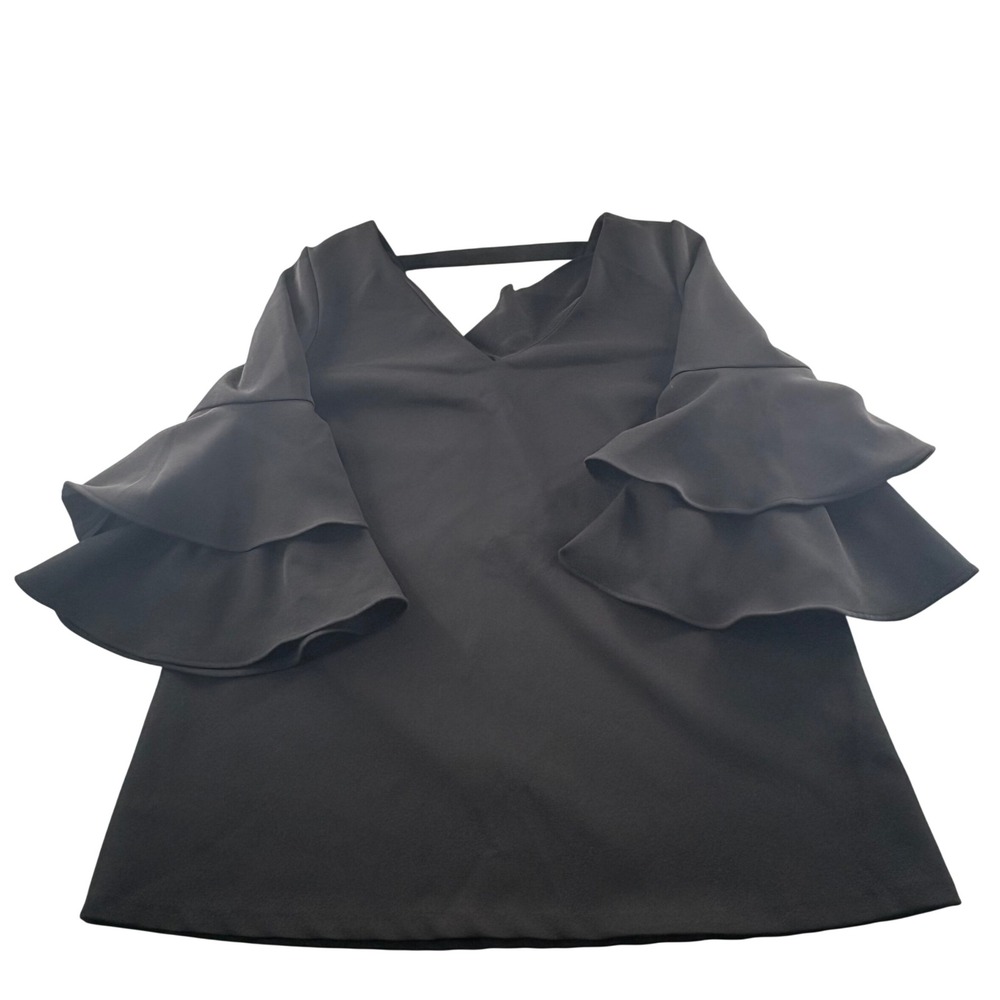 Alberto Makali Black V-Neck Tiered Bell Sleeve Open Back Blouse Medium